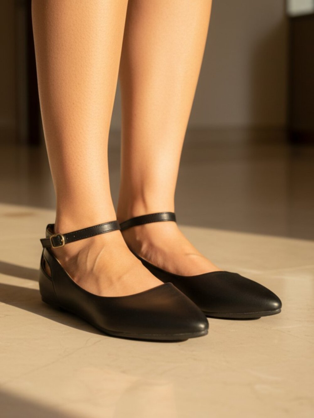 NWT Pazzle Black Ankle Strap Pointed Toe Flats - Picture 4 of 8